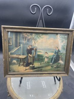 Antique Saint Joseph the Carpenter and Holy Family Framed Print 10.5” by 8” 