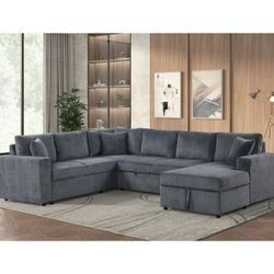 123"W Gray Corduroy Sleeper Sectional Sofa with Right-Facing Storage Chaise and Throw Pillows
