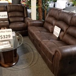 Brand New Brown Leather Manual Reclining Sofa + Loveseat 2PCs Set