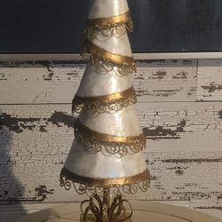 Faux 25" White Sea Shell Texture Gold Glitter Table Top Christmas Tree Decor 