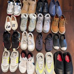 Kids Shoes up left to Right DC size 4y $10 Boots light brown size 4Y $15 Black dress shoes size 4Y $15 Robber water shoes 2.5y $5 White Tom's Girl siz