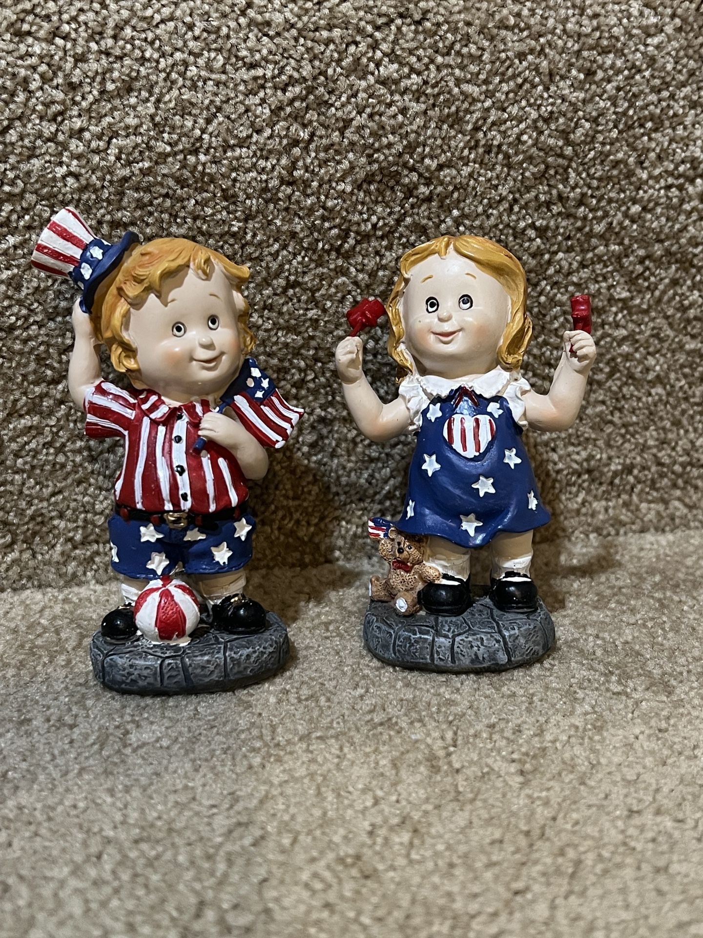 Vintage Figure set of 2 Patriotic Boy and girl American Flag July 4th America