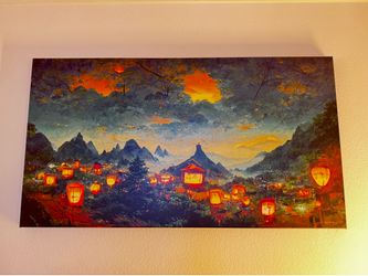Japanese night mountain scene with lantern wall art