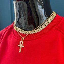 Full Ice Out Cuban Chain With Pendant 14k Gold Plated 