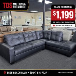 Black Leather Sectional With Chaise 🚚WE DELIVER🚚
