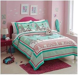 4 piece Paris Eiffel Tower Pink Pastel Girls Adventure Travel Twin sized Quilt Set