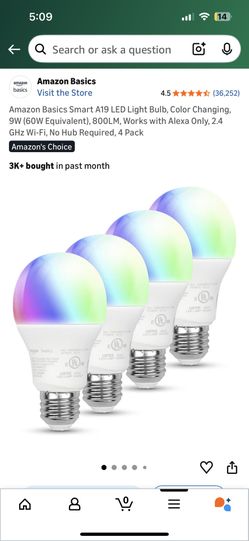 Amazon Basics Smart A19 LED Light Bulb, Color Changing,