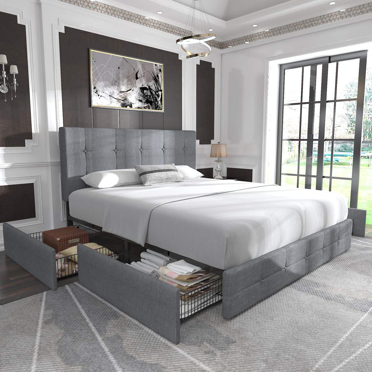 Full Size Upholstered Platform Bed Frame with 4 Storage Drawers, Headboard, Square Tufted