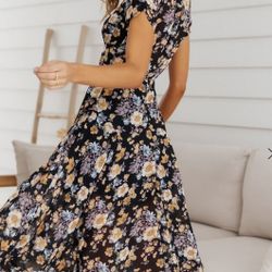 Hello Molly Black Midi Dress with Yellow and Lavender Florals