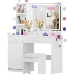 Vanity Desk with Mirror and Lights, Vanity Table Set with Storage Drawer