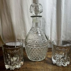 Crown Royal Decanter and 2 Whiskey low ball rocks glasses diamond starburst