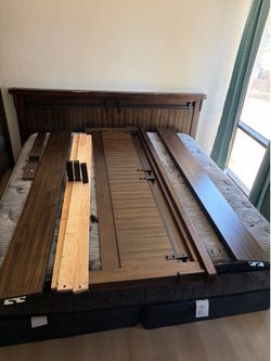 OBO !!!!! King Size Bed Set, Mattress, Box Spring & Frame ( HARDWOOD CHERRY ) By Ashley’s Furniture