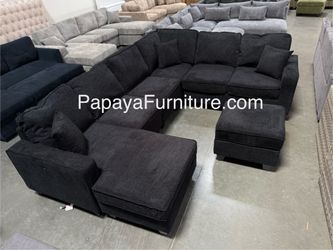 New Black Chenille Fabric Sectional Couch with Ottoman Set Large U Shape Sofa Designer IKEA Style Modern Contemporary Stage Furniture Living Room Gray
