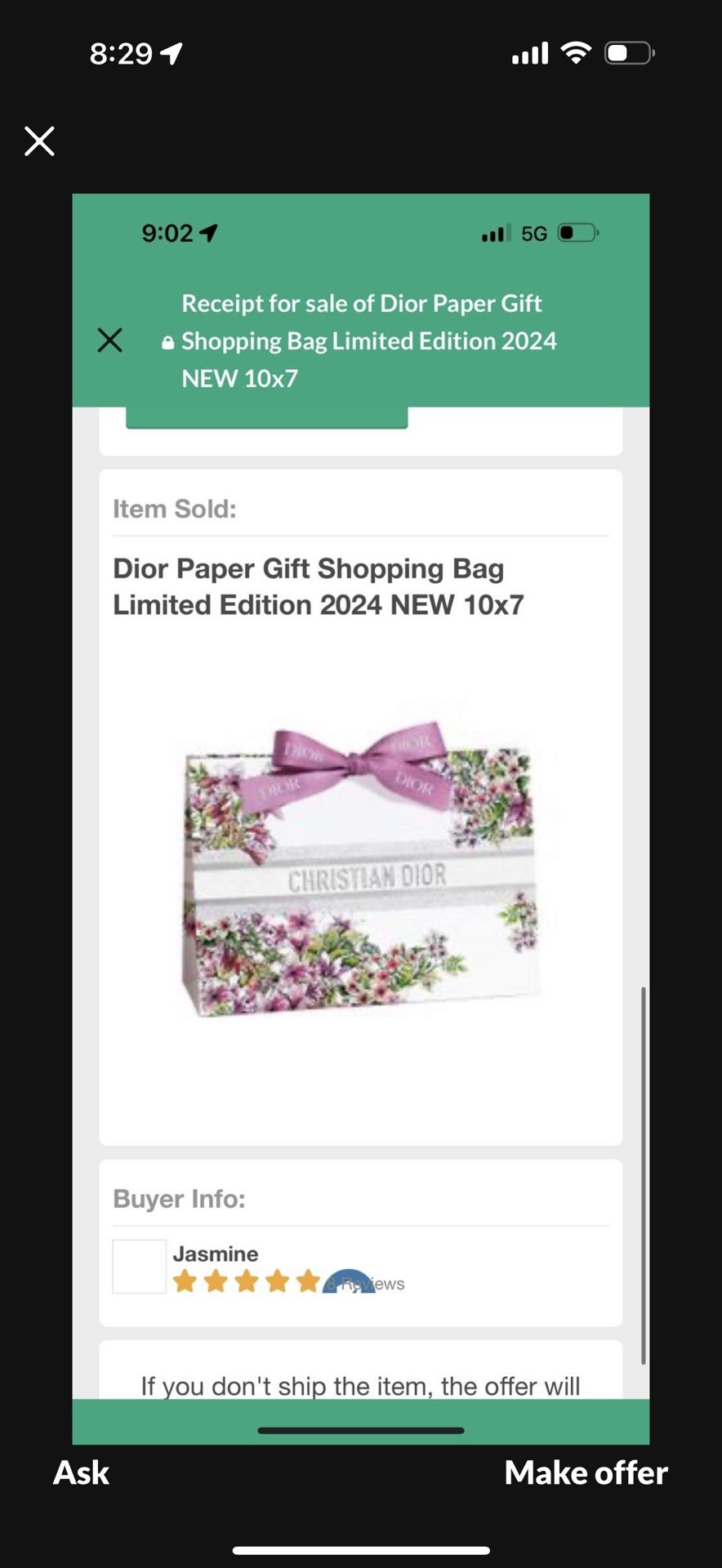 Dior Paper Gift Shopping Bag Limited Edition 2024 NEW 10x7