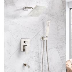 Shower Tub Faucet Set Brushed Nickel Bathroom 8 Inch Shower Head System with Tub Spout Wall Mounted Singe Handle Tub and Shower Trim