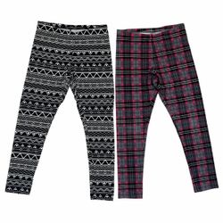 Faded Glory Girls L 10-12 Leggings 2 Pairs Geometric Aztec Plaid Cotton Stretch