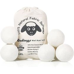 Budieggs Wool Dryer Balls Organic XL 6-Pack, 100% New Zealand Chemical Free Fabric Softener for 1000+ Loads, Baby Safe & Hypoallergenic, Reduce Wrinkl