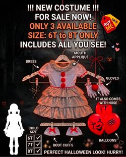 NEW IT Pennywise Clown Halloween Costume (Sizes 6T–8T)