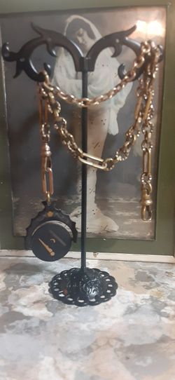 Late 1800's MASONIC TEMPLE DAMASCENE POCKET WATCH FOB on ALBERT CHAIN