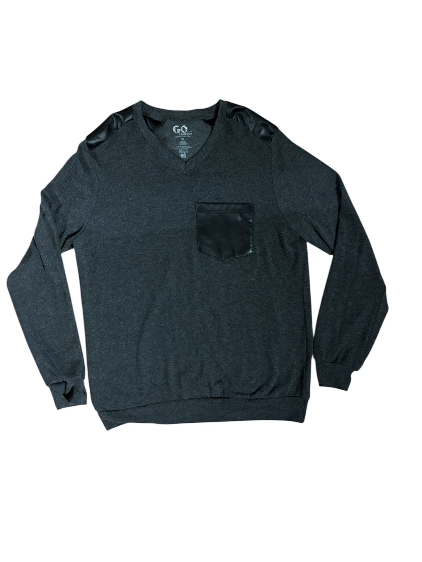Go Couture Grey V-neck pocket pullover sweatshirt with faux leather shoulder pads and front pocket