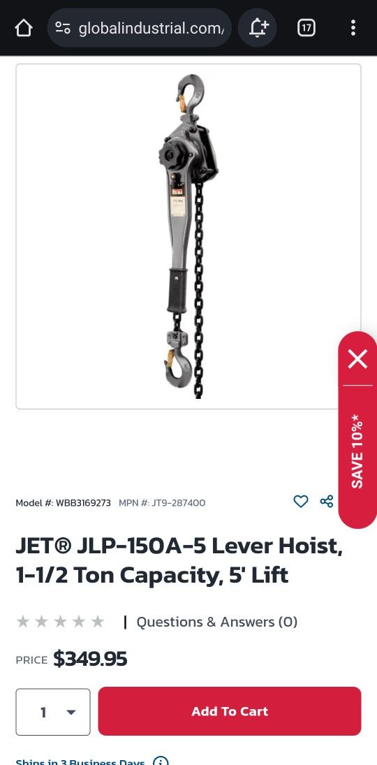 Jet Lever Hoist 1 1/2 Ton Chain Jack