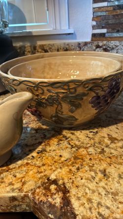 Large Ceramic Mixing Bowl with Grape Vine Design