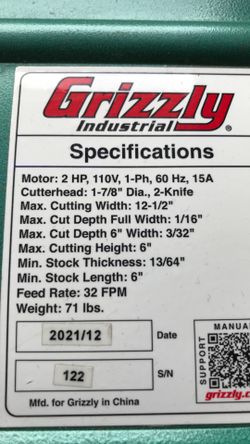 Grizzly G0505 Bench-top Planner