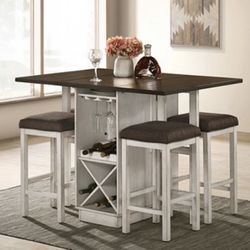 Farmhouse Rustic 5 Piece Counter Height Dining Set Glassware Rack And Wine Storage Stools Upholstered With Linen Like Fabric Brand New Firm Price $540