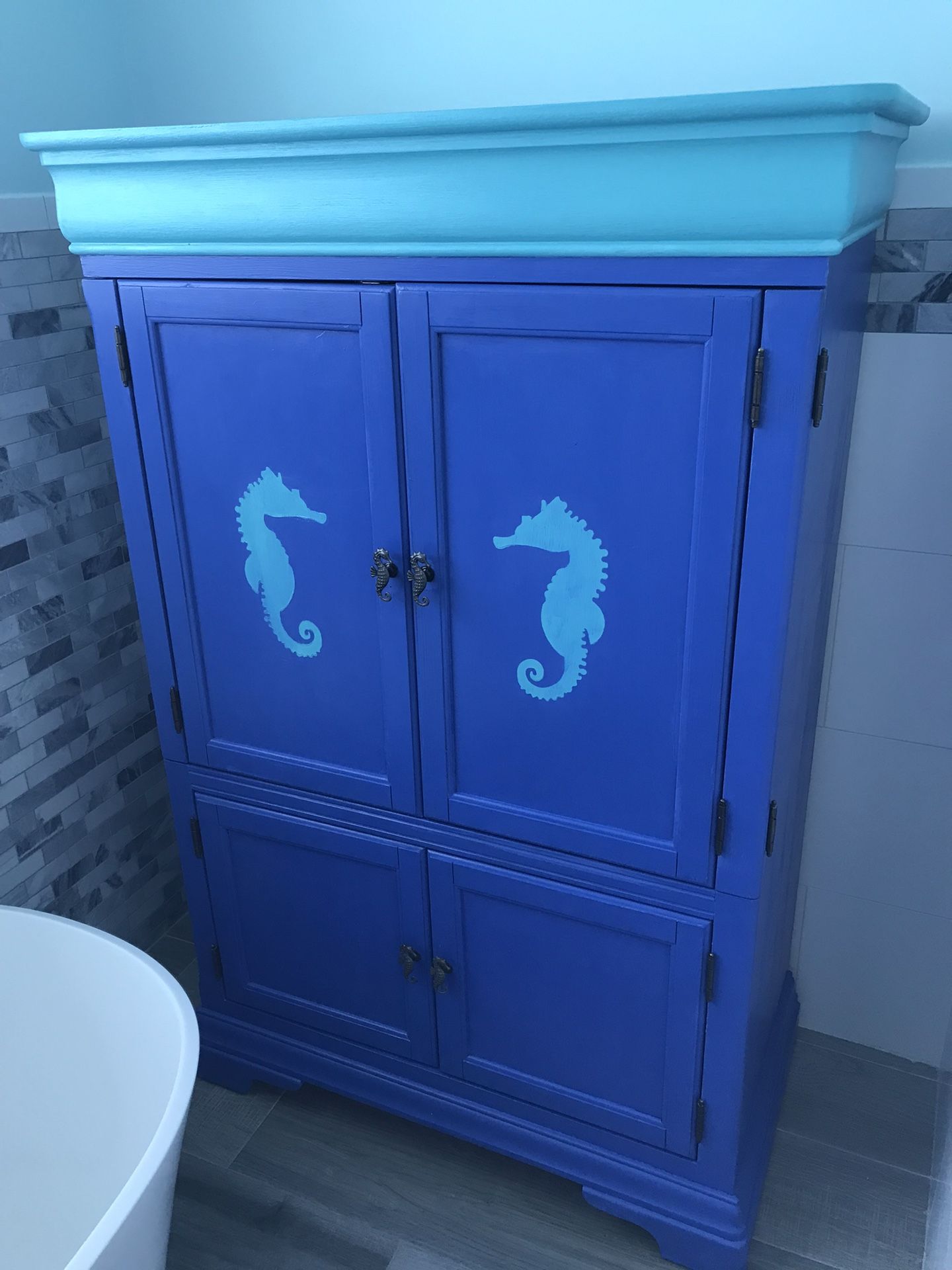 Nautical Seahorse Themed Chest/armoire. Solid Wood. 