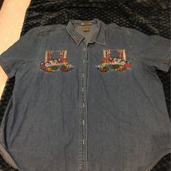 Ladies 22/24w Just My Size Denim Cat Kitten Shirt Button Front Short Sleeve