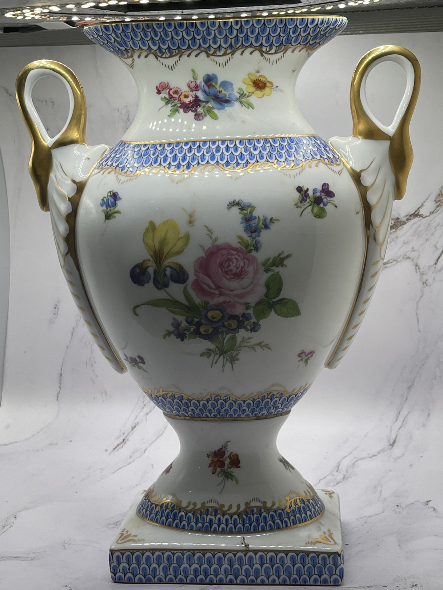 Andrea By Sadek Tall Vase Flower Motive Golden Swan Handles 