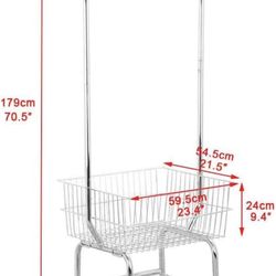 Wire Commercial Rolling Laundry Cart Bulter Garment Rack,Laundry Butler Storage Rack,w/Hanging Drying Rack Wash Basket/Bag Mesh Collapsible Racks on W