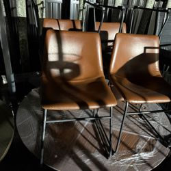 Burnt Red Leather Dining Room Set – Wood Table – Very Good Condition