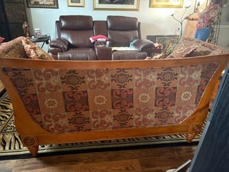 Sleigh-Style Sofa with Patterned Upholstery & Wood Trim