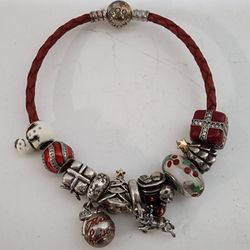 Pandora Christmas Themed 10 Charms On Red Leather Bracelet