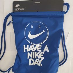 Gym Sack Drawstring Bag Backpack Zipped Pocket Blue Happy Face Swoosh White Logo