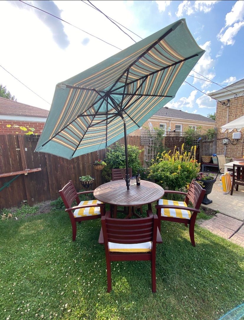 6 Piece Outdoor Teak Patio Garden Set With Tilting sunbrella Umbrella