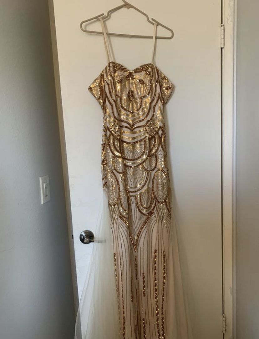 Long gold dress for Goddess Halloween costume, prom , party ,etc.