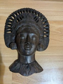 Hand-Carved Dark Wood Female Bust Sculpture