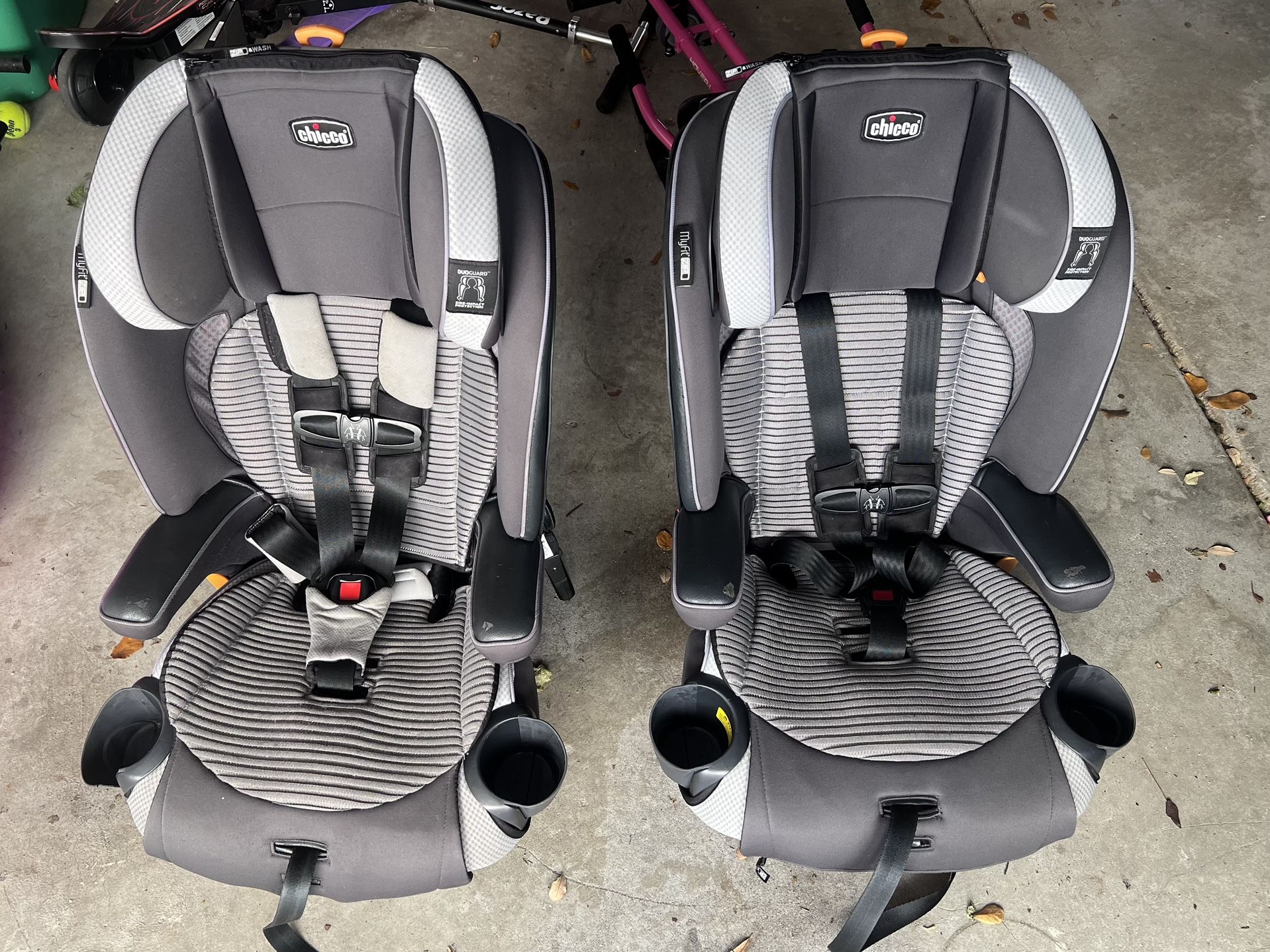 Two Chicco MyFit Zip Harness + Booster Car Seats