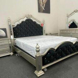 Heidi Metallic Platinum Upholstered Poster Bedroom Set/dresser,mirror, Night Stand, Bed//Queen And King Size Available/Mattress Sold Separately,  