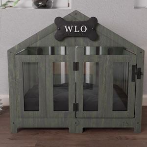  Green & Black - Gabled Modern Dog Crate,Dog Kennel, Wood Dog House, Pet House, Pet Furniture, Dog Furniture, WLO 