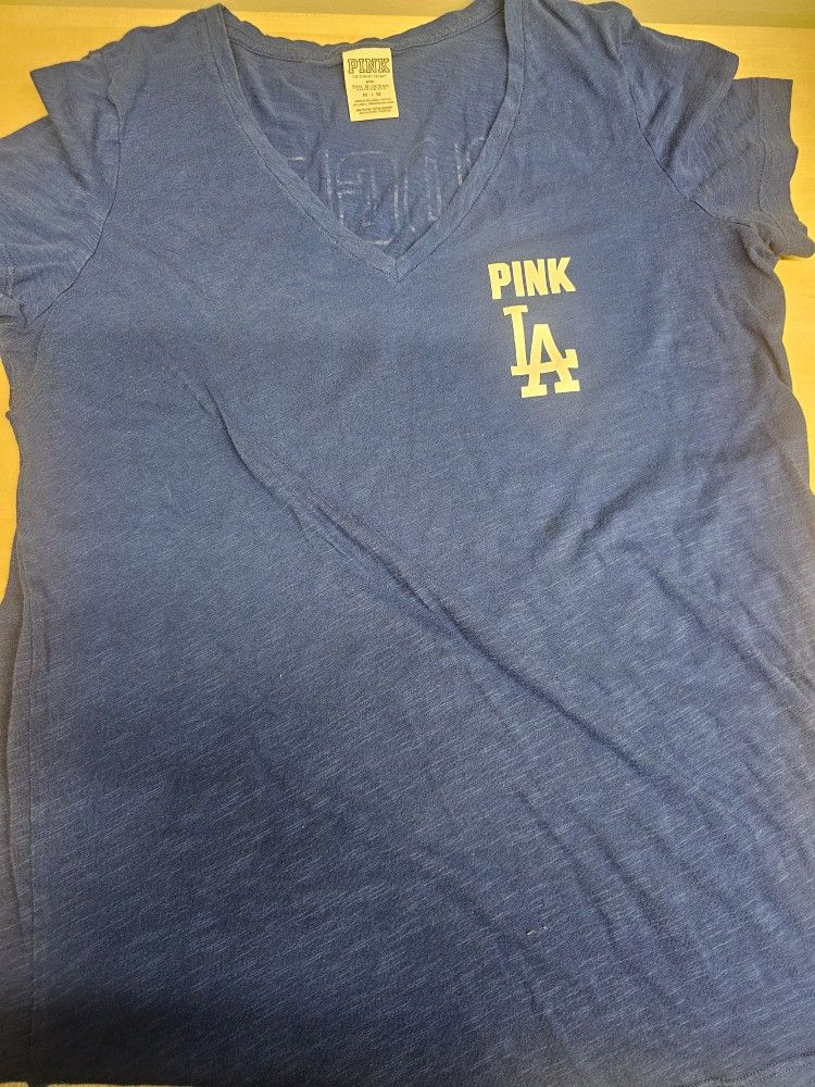 Womens Girls Victoria's Secret Pink Baseball Los Angeles Dodgers V Neck Tee Shirt T-shirt Shirt Size Medium Camisa De Mujer Tamanio Mediana
