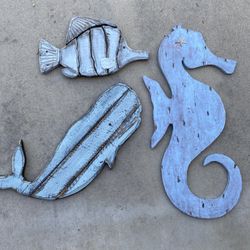 3pc Large Wood Ocean Seahorse/Fish/Whale Wall Decorations