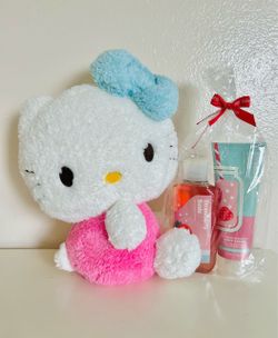 Large Hello Kitty Plushie With Bath And Body Works Strawberry Soda Body Wash And Body Cream