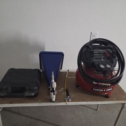 Porter Cable 16 gauge pneumatic nail gun. Porter Cable 6 gallon Compressor & hose. Hopper texture gun.