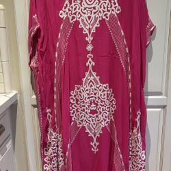 Trina Turk Fushia Kaftkan with White Beading detail  one Size Measures pit to pit 35”