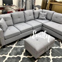 Beautiful 3-Pc Gray Sectional Sofa With Storage Ottoman 