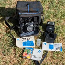 Minolta X-700 MPS 35mm SLR Film Camera Bundle w/ MD 50mm Lens Flash Strap & More