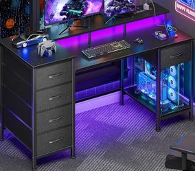 47 Inch Computer Gaming Desk with Power Outlets & LED Lights Reversible Home Office Desk with Adjustable 5 Fabric Storage Drawers for Working Writing 